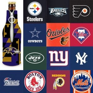 Product: Sports themed neoprene 12 oz. bottle suits with zippers, item # KHB-SP