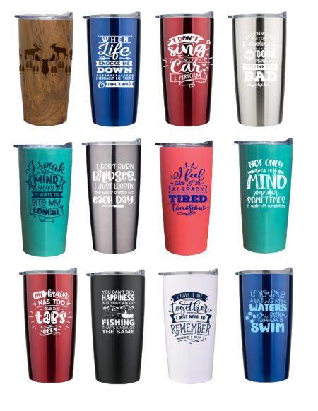 Stainless Steel Tumbler display of 12, with funny sayings.