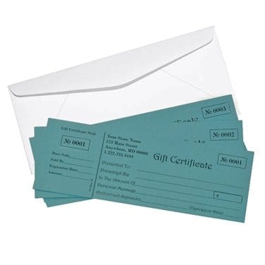 Product: Custom Gift Certificates; Item # GCERTIF