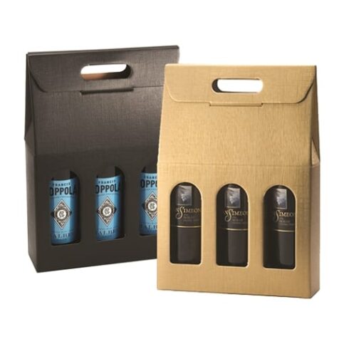 Matte Linen 3 bottle wine carrier in Black and Gold